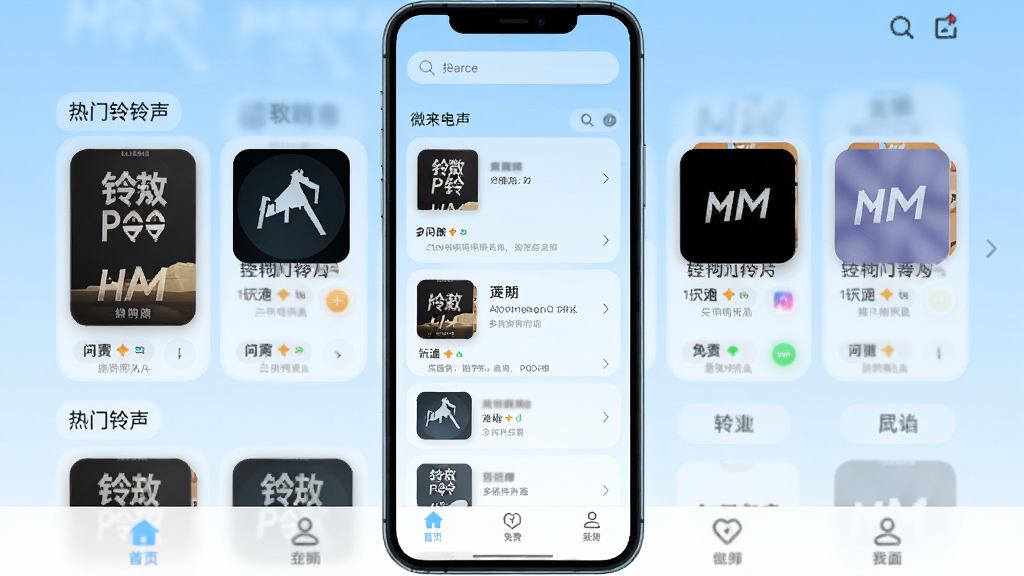 微来电铃声免费多软件主界面展示,手机屏幕中央排列着热门铃声榜单和分类标签,背景为淡蓝色渐变,界面干净整洁,顶部搜索框醒目,底部导航栏清晰,整体风格清新简约,画质高清,无多余元素