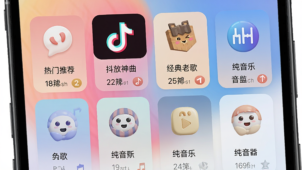微来电铃声免费多海量铃声资源库界面,手机屏幕显示多个铃声分类卡片,包括热门推荐、抖音神曲、经典老歌、纯音乐等,每张卡片配有图标和数量标签,背景为柔和渐变色彩,布局整齐,画质清晰,风格现代