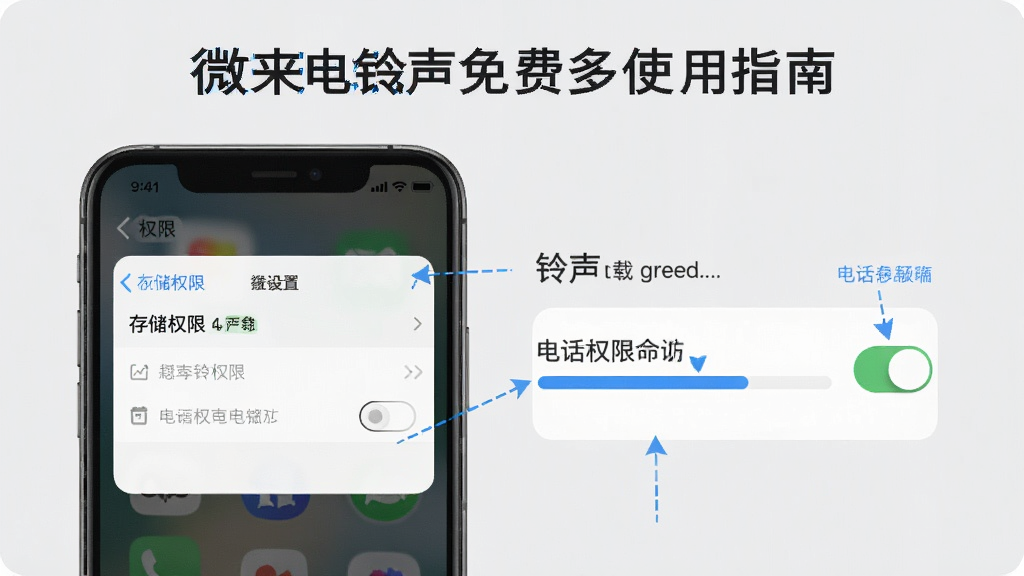 微来电铃声免费多使用指南示意图,手机屏幕显示权限设置页面和铃声下载进度条,界面清晰标注存储权限和电话权限开关,背景为浅灰色,风格简洁,画质高清