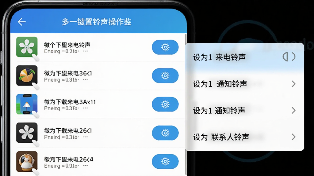 微来电铃声免费多一键设置铃声操作界面,手机屏幕显示下载完成的铃声列表,每个铃声右侧有设置按钮,弹出菜单显示设为来电铃声、设为通知铃声、设为联系人铃声等选项,界面简洁,操作直观,画质高清