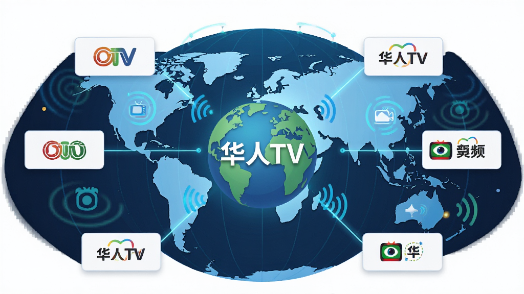 华人TV全球频道聚合功能展示,主体为地球仪形状的频道网络图,布局采用中心辐射式构图,排版以地球为中心向四周延伸出不同频道的标识卡片,风格为扁平化科技插画风,细节包含各大洲轮廓、电视频道图标、连接光线和信号波纹,画质高清,干净无多余元素,画面中文字标注