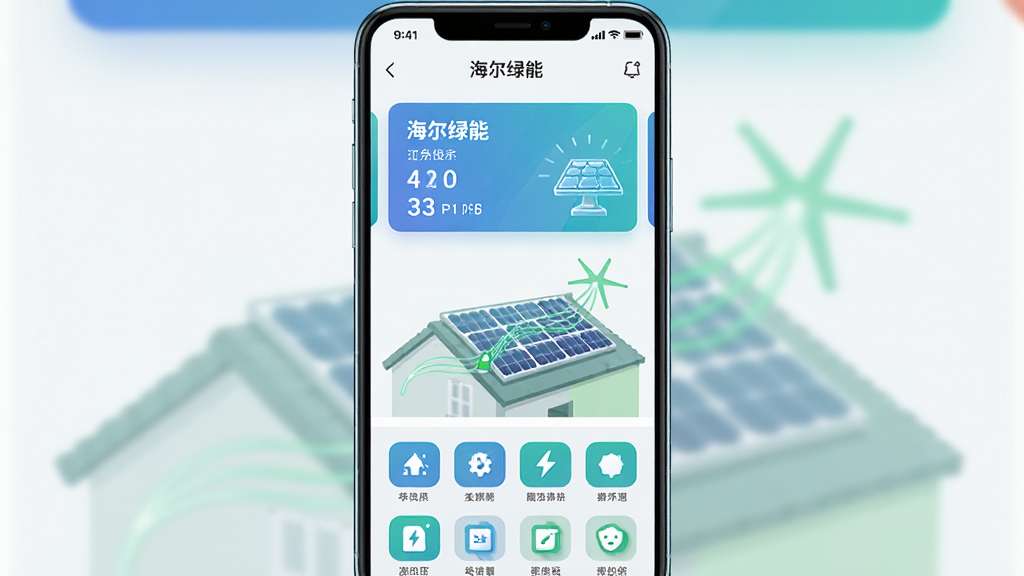 画面中央是一部竖屏智能手机,屏幕内展示“海尔绿能”软件主界面,上方是蓝色渐变的光伏发电数据卡片,中部是屋顶光伏板与绿色能量流动线条组成的插画,下方是功能图标网格,背景为浅灰白色,整体采用扁平化科技风格,配色以蓝绿为主,画面干净整洁,无多余元素,高清画质,适合软件下载站展示