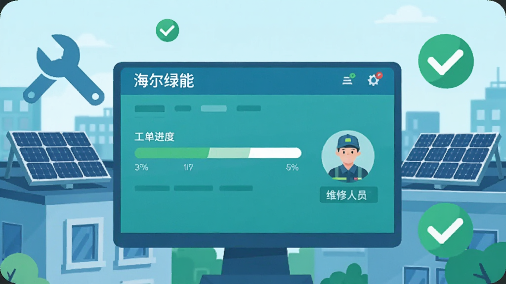 画面中央是“海尔绿能”软件运维工单界面,屏幕显示工单进度条和维修人员图标,背景为城市屋顶光伏场景,有工具扳手和绿色对勾符号点缀,整体为扁平化插画风格,蓝绿色调,布局清晰,画质干净,无多余元素