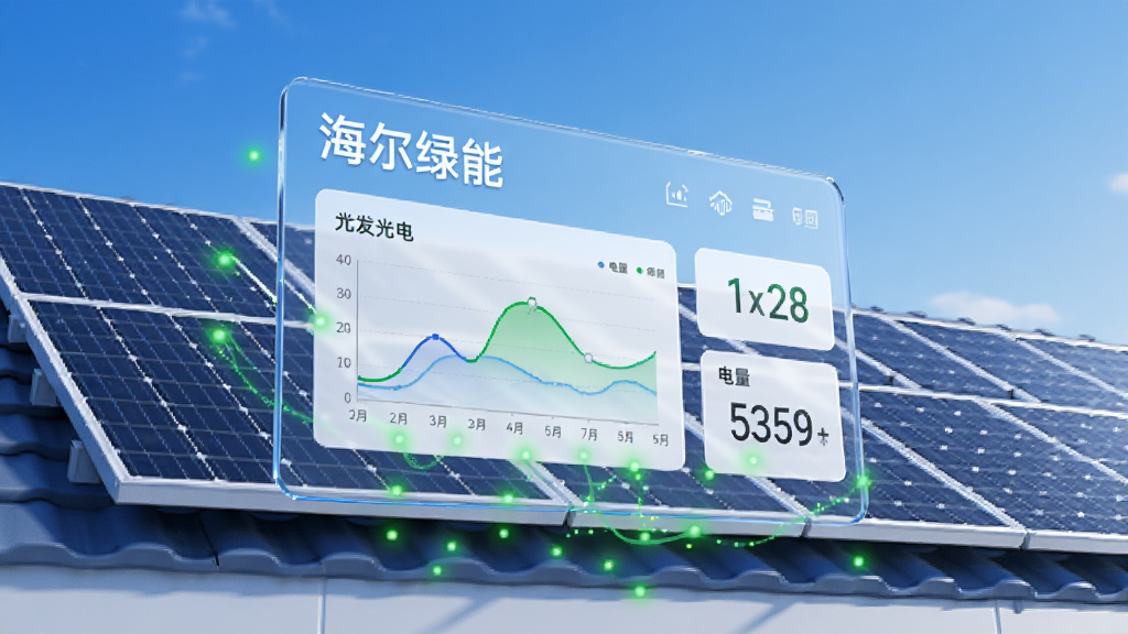 画面主体为一块悬浮的透明数据面板,面板上显示“海尔绿能”字样和光伏发电曲线图、电量数字,面板后方是蓝天下的屋顶光伏板,有绿色光点从光伏板流向面板,整体为3D科技插画风格,蓝白绿配色,细节清晰,画质干净,无杂乱背景元素