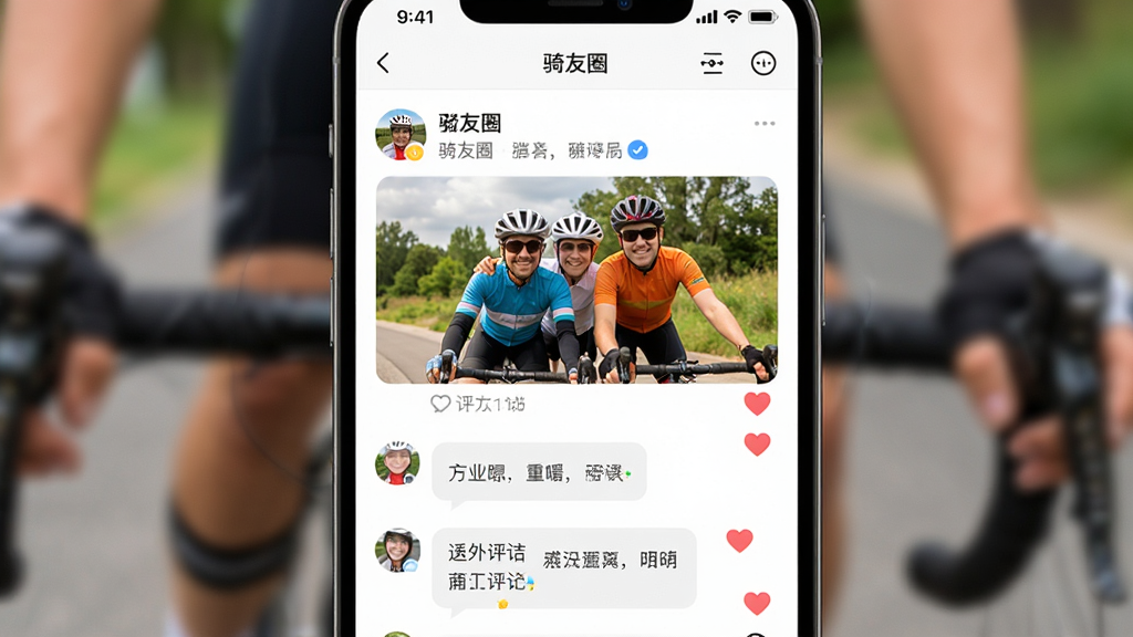 骑友APP社区互动场景展示图,主体为手机屏幕显示骑友圈动态与暖心评论,布局为纵向信息流排版,风格为温馨社交风,细节包括骑行合影、点赞爱心、评论气泡等,画质清晰,画面干净,无多余元素