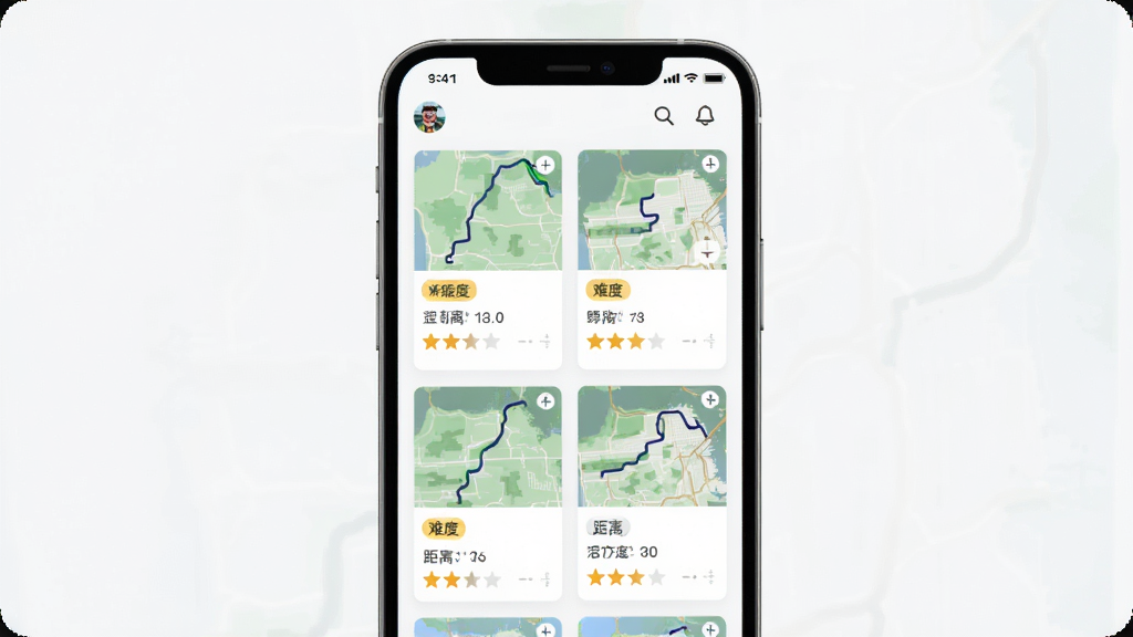 骑友APP路线库功能展示图,主体为手机屏幕呈现多条骑行路线卡片列表,布局为网格排版,风格为清爽信息流,细节包括路线地图缩略图、难度标签、距离数值、评分星级等,画质高清,画面干净,无多余元素