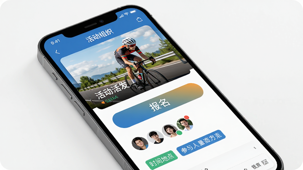 骑友APP活动组织界面展示图,主体为手机屏幕显示骑行活动详情页,布局为上下结构排版,风格为活力运动风,细节包括活动封面图、报名按钮、参与人头像、时间地点标签等,画质清晰,画面干净,无多余元素