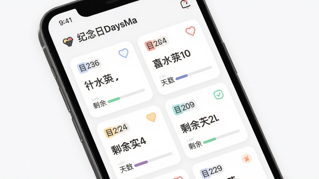 软件名称“纪念日DaysMa”功能展示图,主体为手机屏幕内显示多个纪念日卡片,布局为网格状排列,排版包含日期、事件名称和剩余天数,风格为清新简约,细节有彩色标签、图标和进度条,画质清晰,干净,无多余元素