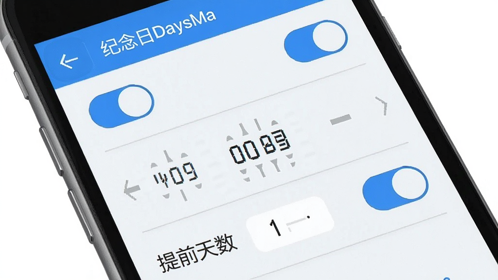 软件名称“纪念日DaysMa”提醒设置界面,主体为手机屏幕显示提醒配置选项,布局为纵向列表,排版包含开关按钮、时间选择器和提前天数设置,风格为清爽浅色,细节有蓝色高亮开关、灰色分隔线,画质清晰,干净,无多余元素
