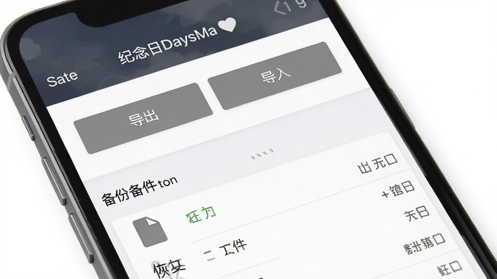 软件名称“纪念日DaysMa”数据备份界面,主体为手机屏幕显示备份与恢复选项,布局为上下分区,排版包含导出按钮、导入按钮和文件列表,风格为简约商务,细节有灰色按钮、文件图标、状态提示,画质清晰,干净,无多余元素
