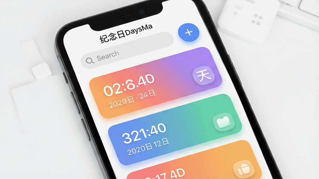 软件名称“纪念日DaysMa”主界面展示,主体为一部智能手机屏幕,屏幕上显示多个彩色卡片式纪念日事件,包含倒计时天数和日期标签,布局为上下排列的卡片列表,顶部有搜索栏和添加按钮,排版简洁有序,风格为现代扁平化设计,细节包含柔和阴影、圆角图标、浅色背景,画质清晰,干净,无多余元素