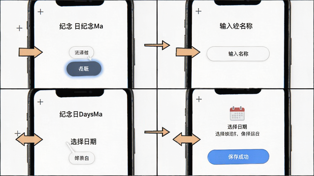 软件名称“纪念日DaysMa”操作步骤示意图,主体为手机屏幕分步展示添加纪念日流程,布局为四格分镜,排版包含点击加号、输入名称、选择日期、保存成功,风格为教程图解,细节有箭头指引、高亮按钮、文字标注,画质清晰,干净,无多余元素