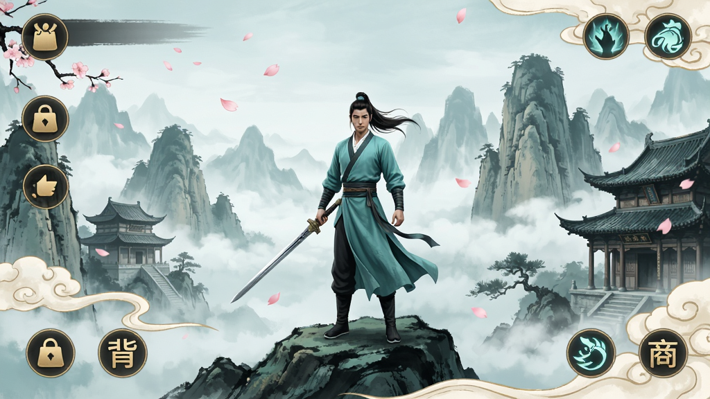 无极侠士游戏主界面全景展示,画面中央一位身穿青衫的侠客手持长剑立于山巅,背景是云雾缭绕的群山与古朴的中式建筑,界面四周分布着任务、背包、技能、商城等功能图标,整体采用水墨与写实融合的国风美术风格,色彩以青绿、墨黑、淡金为主,细节包含飘落的花瓣与流动的云纹,画质清晰干净,无多余元素