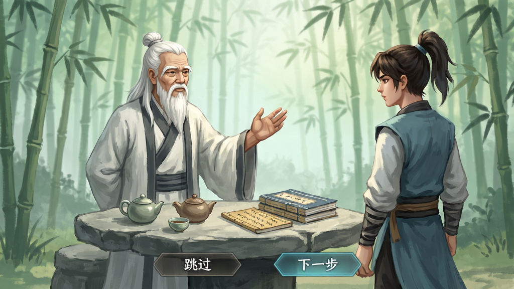 无极侠士新手引导界面,画面中一位白发老者正在向年轻侠客传授功法,背景为竹林与石桌,桌上摆放着茶具与秘籍,界面下方有“跳过”与“下一步”按钮,整体色调柔和,风格清新淡雅,画质干净,无多余装饰