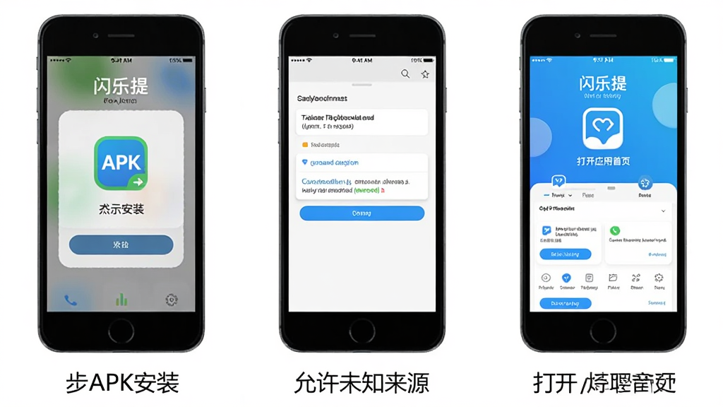 闪乐提安装步骤示意图,画面分为三个手机屏幕并排展示,第一步点击APK安装,第二步允许未知来源,第三步打开应用首页,每个屏幕下方标注简短说明文字,整体风格为教程图解,背景白色,画面中包含“闪乐提”文字,布局横向排列,画质清晰,干净无多余元素