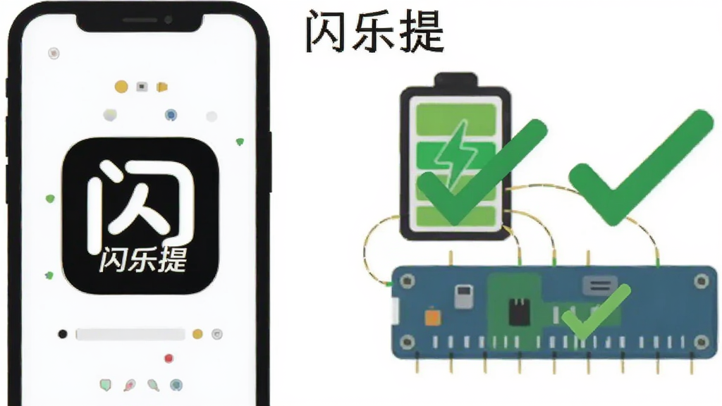 闪乐提轻量运行概念图,画面左侧一部手机显示闪乐提图标,右侧是电池与内存条图标,用绿色对勾表示低耗状态,整体采用扁平化插画风格,背景为白色,画面中带有“闪乐提”文字,布局左右对比,细节简洁,画质清晰,干净无多余元素