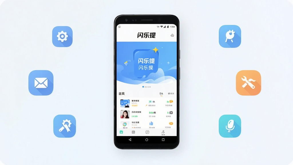 闪乐提应用主界面展示图,画面中央放置一部安卓手机,手机屏幕显示闪乐提应用首页,界面干净简洁,顶部有“闪乐提”文字标识,背景为浅色渐变,周围环绕几个功能图标如设置、消息、工具等,整体风格清新现代,排版横版构图,画质清晰,干净无多余元素