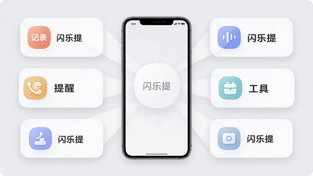 闪乐提功能模块展示图,画面以手机为中心,四周发散出多个功能卡片如记录、提醒、工具、设置等,每个卡片上有简单图标与“闪乐提”字样,风格为柔和圆角卡片式,背景浅灰,排版对称,画质清晰,干净无多余元素