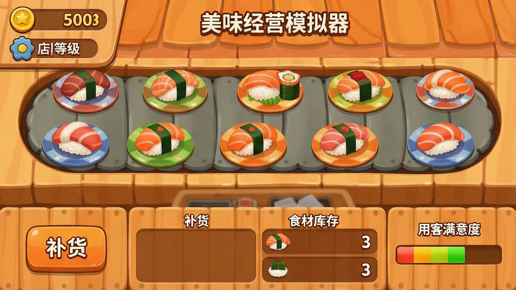 游戏界面截图风格,画面上方是回转寿司传送带,各种颜色的寿司盘子在轨道上排列转动,下方是操作面板显示补货按钮和食材库存,右侧有顾客满意度进度条,左上角显示金币数量和店铺等级,整体采用扁平化卡通UI设计,配色以暖橙色和木色为主,文字标注