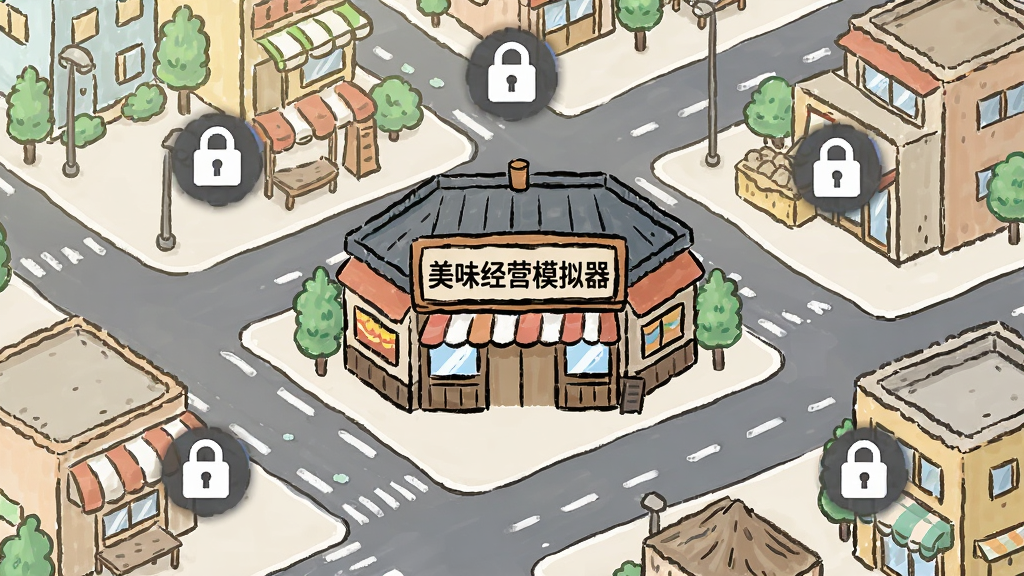 城市地图俯瞰视角,地图上标注了多个店铺位置,其中一家是已经开业的回转寿司店,招牌上写着