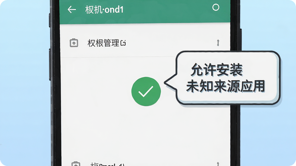 手机屏幕特写,显示安卓系统设置界面中的权限管理页面,旁边有一个卡通风格的提示框写着
