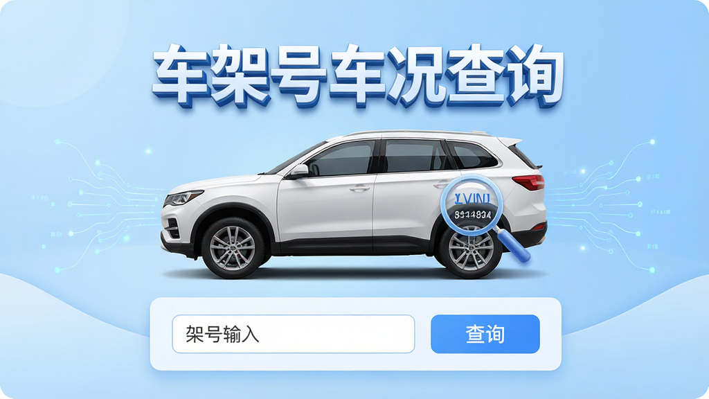 车架号车况查询软件主界面展示,主体为一辆白色SUV的侧面轮廓图,背景为浅蓝色渐变,布局采用居中卡片式设计,上方放置软件名称“车架号车况查询”的立体文字,下方排列车架号输入框与查询按钮,风格为现代简约科技风,细节包括车辆VIN码放大镜图标与数据流线条,画质高清,干净,无多余元素