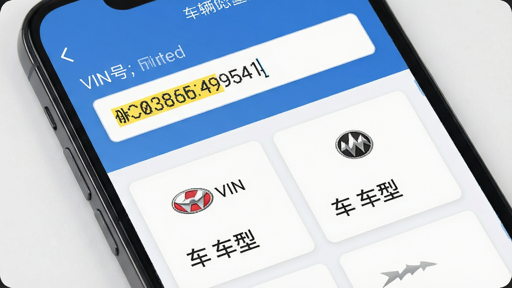 车架号车况查询软件功能界面展示,主体为手机屏幕特写,屏幕上显示车架号输入框与解析结果列表,布局为上下结构,上方为输入区域,下方为车辆信息卡片,风格为扁平化设计,细节包括VIN码字符高亮、品牌Logo与车型名称,画质清晰,干净,无多余元素