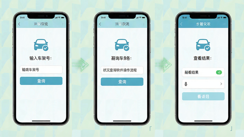 车架号车况查询软件操作流程展示,主体为手机界面分步截图,布局为横向三步流程,风格为清新浅色系,细节包括输入车架号、点击查询、查看结果三个步骤的图标与文字说明,画质高清,干净,无多余元素
