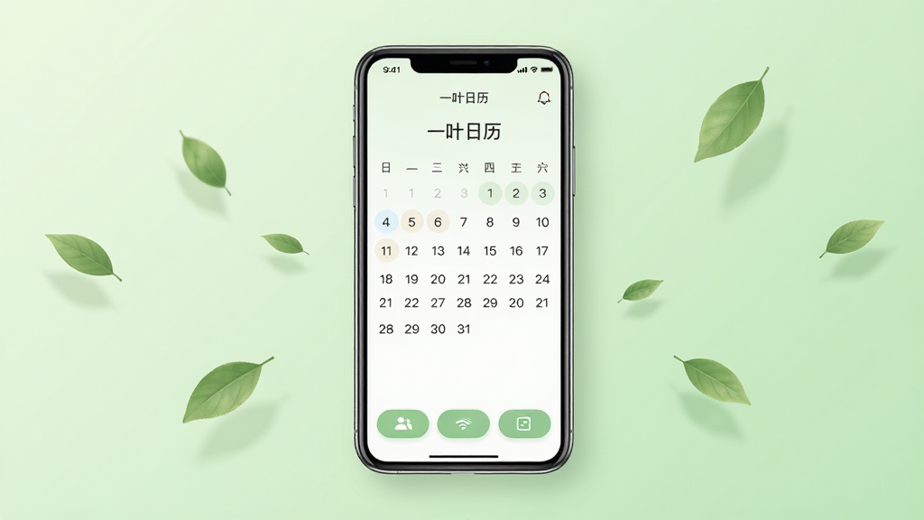 一叶日历软件主界面全貌展示,画面中央放置一部智能手机,手机屏幕内呈现一叶日历应用的主页面,包含月历视图、日期数字、底部功能按钮,背景为柔和浅绿色渐变,四周点缀几片飘落的叶子元素,布局居中对称,风格清新简约,细节包括圆角图标、纤细字体、柔和阴影,画质清晰干净,无多余元素,图片中文字为“一叶日历”