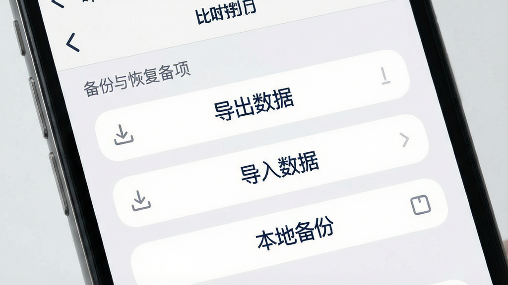 一叶日历数据备份界面展示,手机屏幕显示设置菜单中的备份与恢复选项,包含“导出数据”“导入数据”“本地备份”等按钮,背景为浅灰色,按钮为白色圆角矩形,文字为深蓝色,布局清晰,风格商务简约,细节包括图标和分隔线,画质清晰干净,无多余元素,图片中文字为“一叶日历”