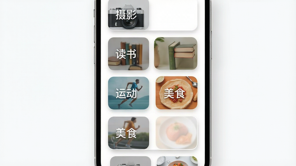 一个圈圈智能推荐界面展示图,画面主体为手机屏幕,屏幕内显示多个兴趣圈子卡片,卡片上标注“摄影”“读书”“运动”“美食”等文字,卡片以瀑布流形式排列,背景为白色,风格清新简约,细节包括卡片圆角与柔和投影,画质清晰,干净,无多余元素