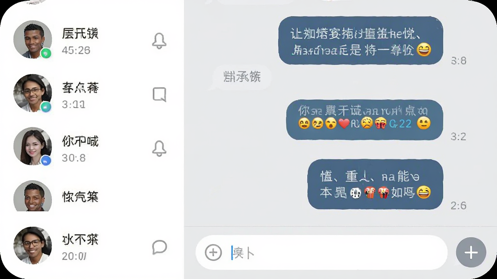 一个圈圈聊天界面截图风格图,画面展示手机聊天窗口,左侧为好友头像列表,右侧为对话气泡,气泡内包含文字与表情符号,底部有输入框与加号按钮,背景为浅灰色,风格干净清爽,细节包括圆角气泡与时间戳,画质高清,无多余元素