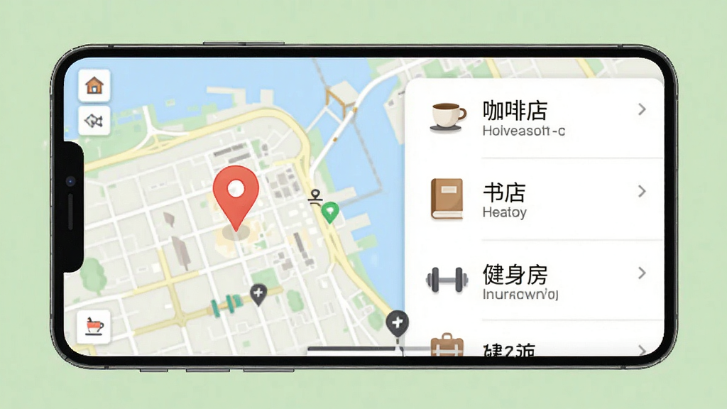 一个圈圈本地生活服务界面图,画面展示地图与商家列表混合布局,地图上有定位标记,列表显示“咖啡店”“书店”“健身房”等文字,背景为浅绿色,风格生活化,细节包括图标与文字对齐,画质清晰,干净,无多余元素