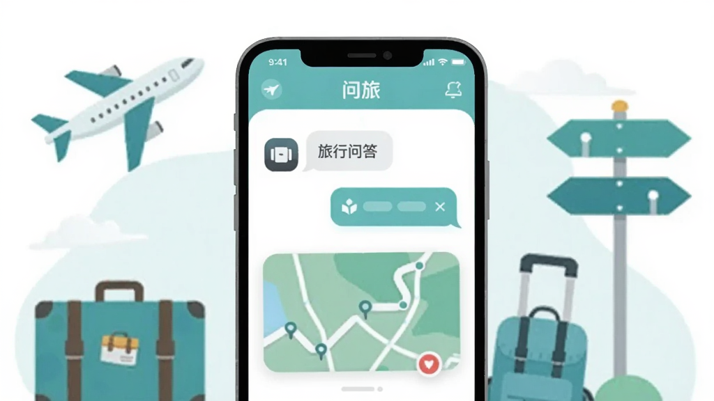 画面中央是一部智能手机,屏幕上显示“问旅”应用界面,界面中有旅行问答对话框和地图路线卡片,背景是简洁的旅行元素如飞机、行李箱、路标,整体布局为居中构图,风格为扁平化插画,细节包括柔和的蓝绿色调、圆角图标、干净的白色背景,画质清晰,干净,无多余元素