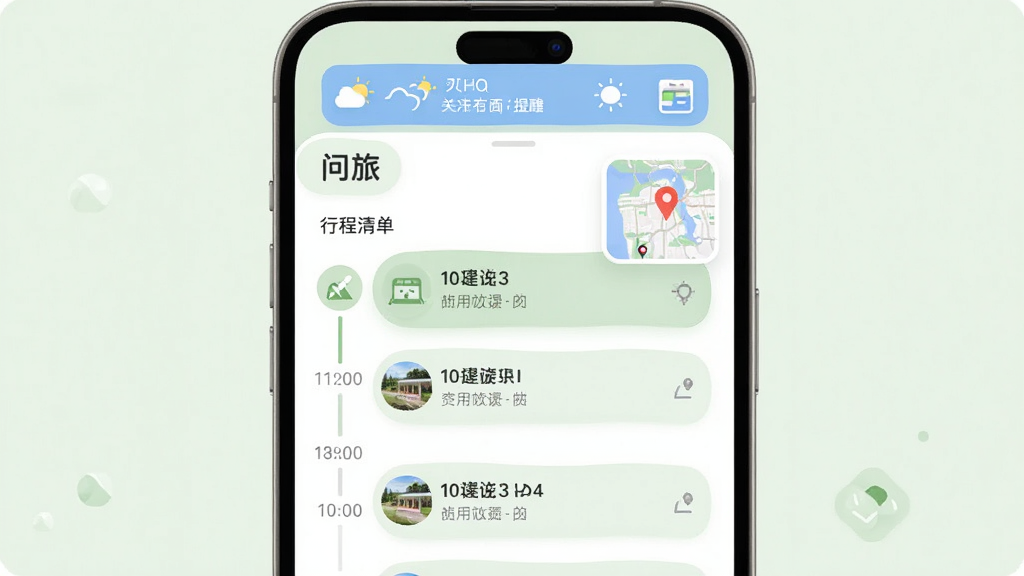 画面主体是“问旅”应用的行程清单界面,显示按时间排列的景点条目和地图小窗,顶部有天气提醒横幅,布局为上下结构,上方是提醒条下方是列表,风格为柔和圆角设计,细节包括浅绿色调、圆形图标、时间轴线条,画质清晰,干净,无多余元素