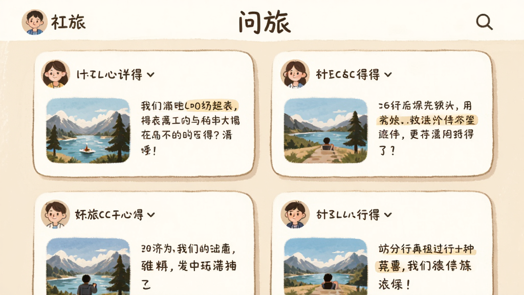 画面展示“问旅”社区页面,多位用户头像和短篇旅行心得卡片排列,卡片上有小图和文字摘要,布局为双列网格排版,风格为温暖手绘风,细节包括米色背景、手写体标题、圆角卡片,画质清晰,干净,无多余元素