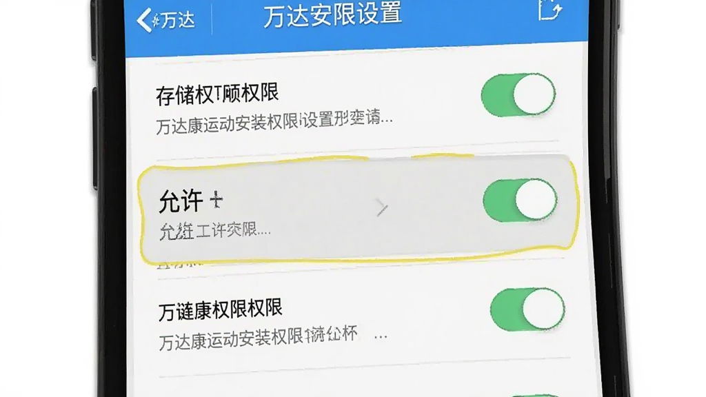 万达康运动安装权限设置界面示意图,画面为手机屏幕截图风格,展示应用权限管理页面,其中存储权限被高亮标注为“允许”,布局为纵向列表,风格为扁平化UI,细节包括权限开关按钮、文字说明等,画质清晰,干净无多余元素