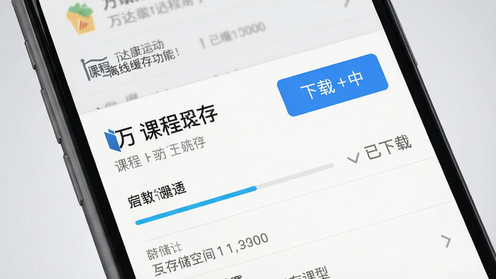 万达康运动离线缓存功能展示,画面为手机界面特写,界面中显示课程旁边的下载按钮变为已缓存状态,背景为浅灰色渐变,布局简洁,风格为写实UI风格,细节包括下载进度条、存储空间提示等,画质清晰,无杂乱元素