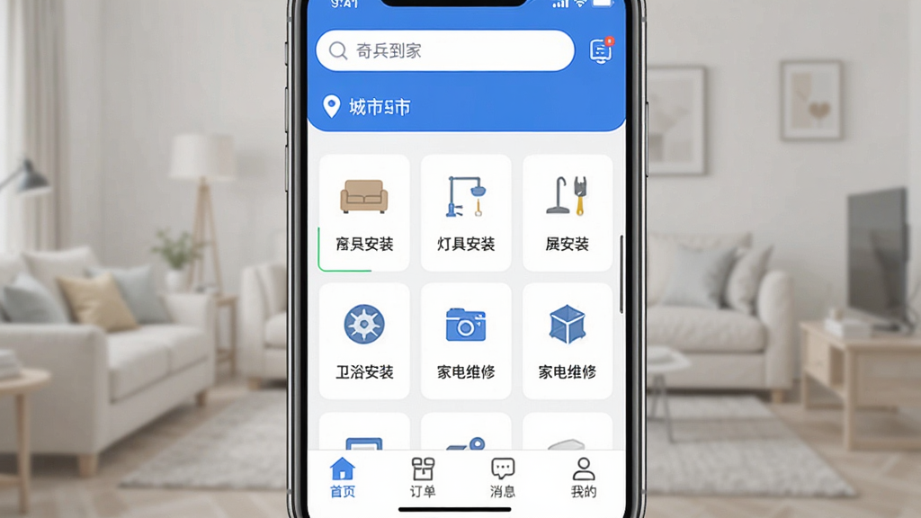 �������APP��ҳ�����ͼ����������չʾ�ֻ���Ļ���������Ӧ�õ���ҳ�棬ҳ�涥�����������ͳ��ж�λ���м����������żҾ߰�װ���ƾ߰�װ����ԡ��װ���ҵ�ά�޵ȶ���������ͼ�꣬�ײ�����������ҳ����������Ϣ���ҵ��ĸ�ѡ�����������ˬ����ɫ��ɫ�������ֹ��������������ɾ����޶���Ԫ��