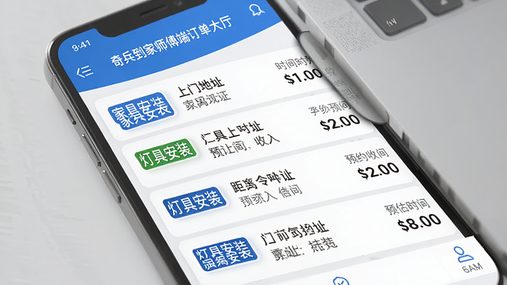 �������ʦ���˶����������棬����չʾ�ֻ���Ļ���������APP�Ķ����б�ҳ�棬ÿ��������ʾ����������Ҿ߰�װ���ƾ߰�װ�ȱ�ǩ���Ա߱�ע���ŵ�ַ��ԤԼʱ���Ԥ������������������ʱ�����򣬽�����ˬ���࣬��ɫ�Ͱ�ɫΪ��ɫ�����Ű����������ʸɾ����޶���Ԫ��