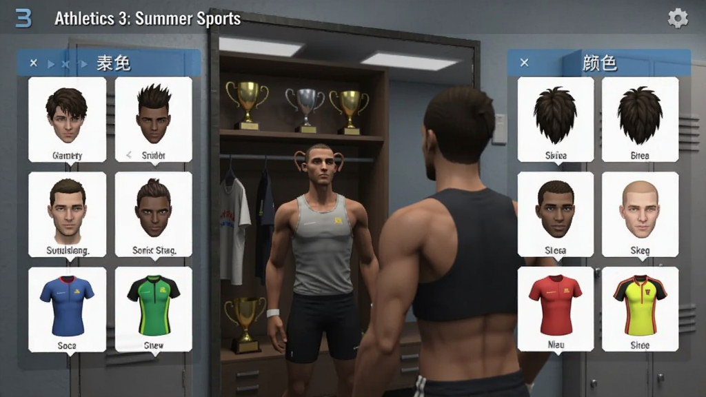 Athletics 3: Summer Sports 角色自定义界面,画面展示一名运动员站在更衣室镜子前,左右两侧为可切换的发型、肤色、运动服颜色选项,风格写实3D,细节包括衣柜、奖杯陈列、灯光反射,画质清晰,干净,无多余元素