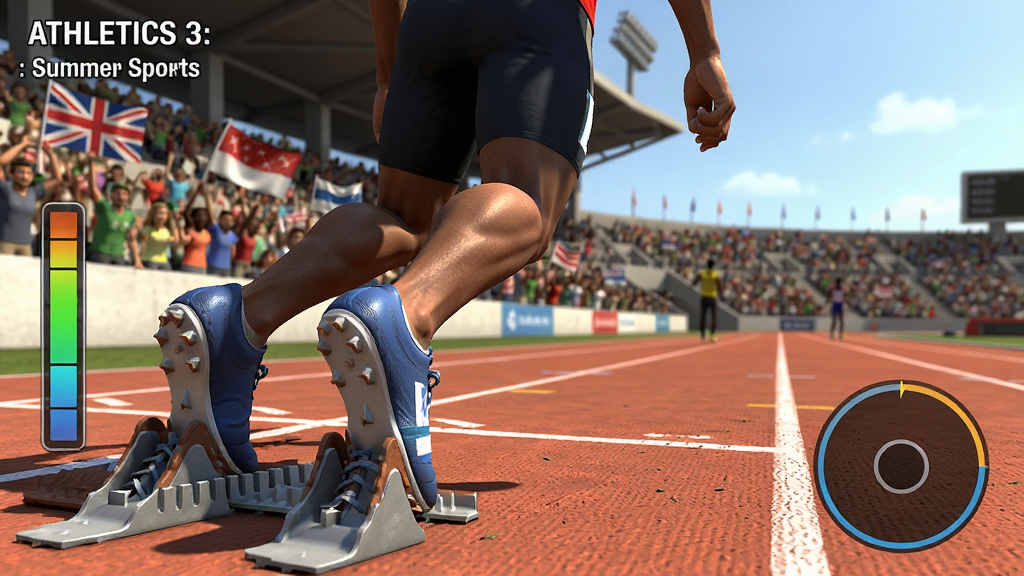 Athletics 3: Summer Sports 游戏截图,画面展示田径赛道上运动员起跑的瞬间,旁边有力量条和时机判定圈,背景为座无虚席的体育场,风格写实3D,细节包括跑鞋钉、跑道纹理、观众挥舞旗帜,画质清晰,干净,无多余元素
