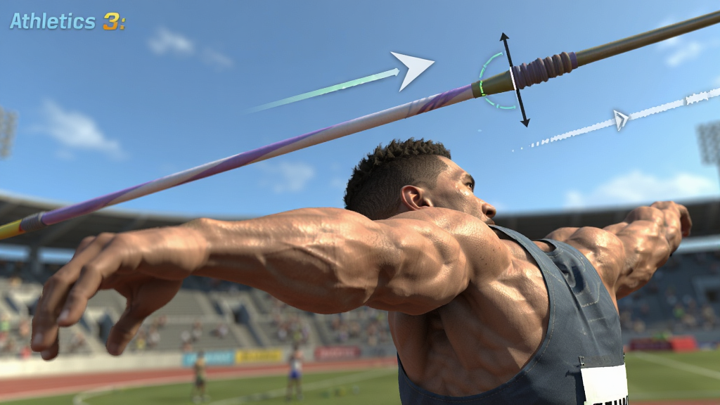 Athletics 3: Summer Sports 游戏内标枪投掷特写,画面中运动员手臂后拉,标枪即将脱手,空中显示角度指示线和风速箭头,背景为蓝天和体育场看台,风格写实运动,细节包括肌肉线条、草地质感、光影变化,画质高清,干净,无多余元素