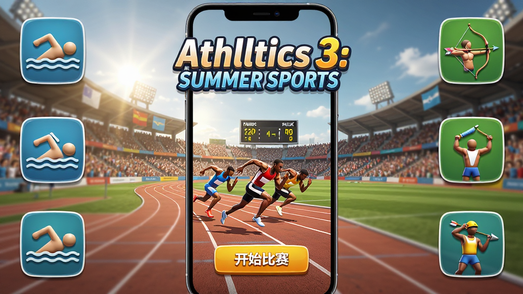 一幅竖版手机游戏宣传图,画面中央是 Athletics 3: Summer Sports 的游戏主界面,背景为大型体育场,跑道上有正在冲刺的运动员,周围环绕田径、游泳、射箭等项目的图标,布局上游戏名称居中偏上,下方为开始比赛按钮,风格写实运动风,细节包括观众席、计分牌、阳光照射效果,画质高清,干净,无多余元素