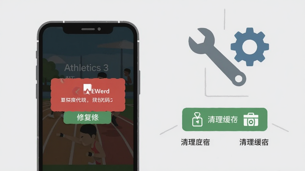 Athletics 3: Summer Sports 游戏问题排查示意图,画面展示手机屏幕出现闪退弹窗,旁边有扳手和齿轮图标,背景为浅灰色,风格扁平化信息图,细节包括错误代码、修复按钮、清理缓存图标,画质清晰,干净,无多余元素