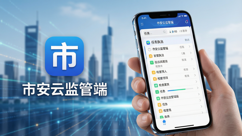 一幅展示“市安云监管端”手机应用界面的主视觉图,主体是一部握在手中的智能手机,屏幕亮起显示监管执法仪表盘,布局上手机位于画面中央偏右,左侧背景是模糊的现代化城市剪影与数据流动线条,排版清晰突出应用图标和名称“市安云监管端”,风格为写实科技风,细节上手机边缘有轻微反光,屏幕内可见任务列表与检查项,画质为4K高清,画面干净,无多余元素