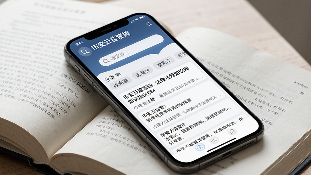 一个展示“市安云监管端”法律法规知识库页面的手机截图概念图,主体是手机屏幕显示法律条文列表与搜索栏,布局上手机斜放在一本翻开的法规书籍上,排版突出搜索图标和分类标签,风格为商务学习风格,细节包括书页纹理与屏幕高亮文字,画质细腻,画面干净,无多余元素