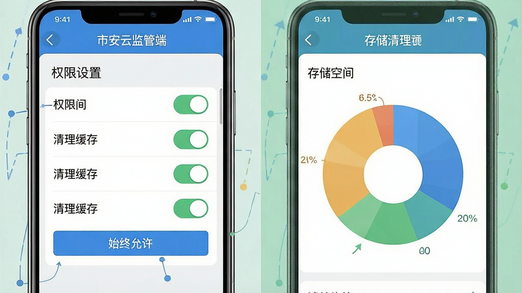 一幅展示“市安云监管端”移动端使用技巧的示意图,主体是手机屏幕显示权限设置界面与存储清理界面并排,布局上左右分栏,左侧为权限开关列表,右侧为存储空间饼状图,排版简洁明了,风格为扁平化信息图,细节包括高亮的“始终允许”按钮和清理缓存按钮,画质清晰,画面干净,无多余元素