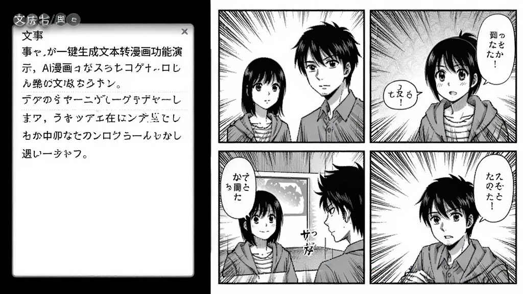 AI漫画一键生成文本转漫画功能演示,画面左侧为文字输入框显示一段故事描述,右侧为生成的四格漫画画面,包含人物对话气泡和场景切换,布局左右对比,风格为日系漫画风格,细节包括分镜边框和速度线,画质高清,干净无多余元素