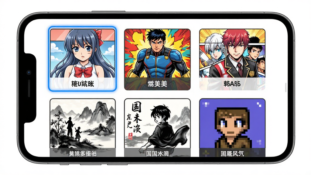 AI漫画一键生成多风格模板展示界面,画面中央为手机屏幕显示风格选择面板,面板内排列日漫、美漫、韩漫、国风水墨、像素风五种风格的示例小图,布局为网格排列,风格为清新扁平化UI设计,细节包括选中高亮边框和风格名称标签,画质高清,干净无多余元素